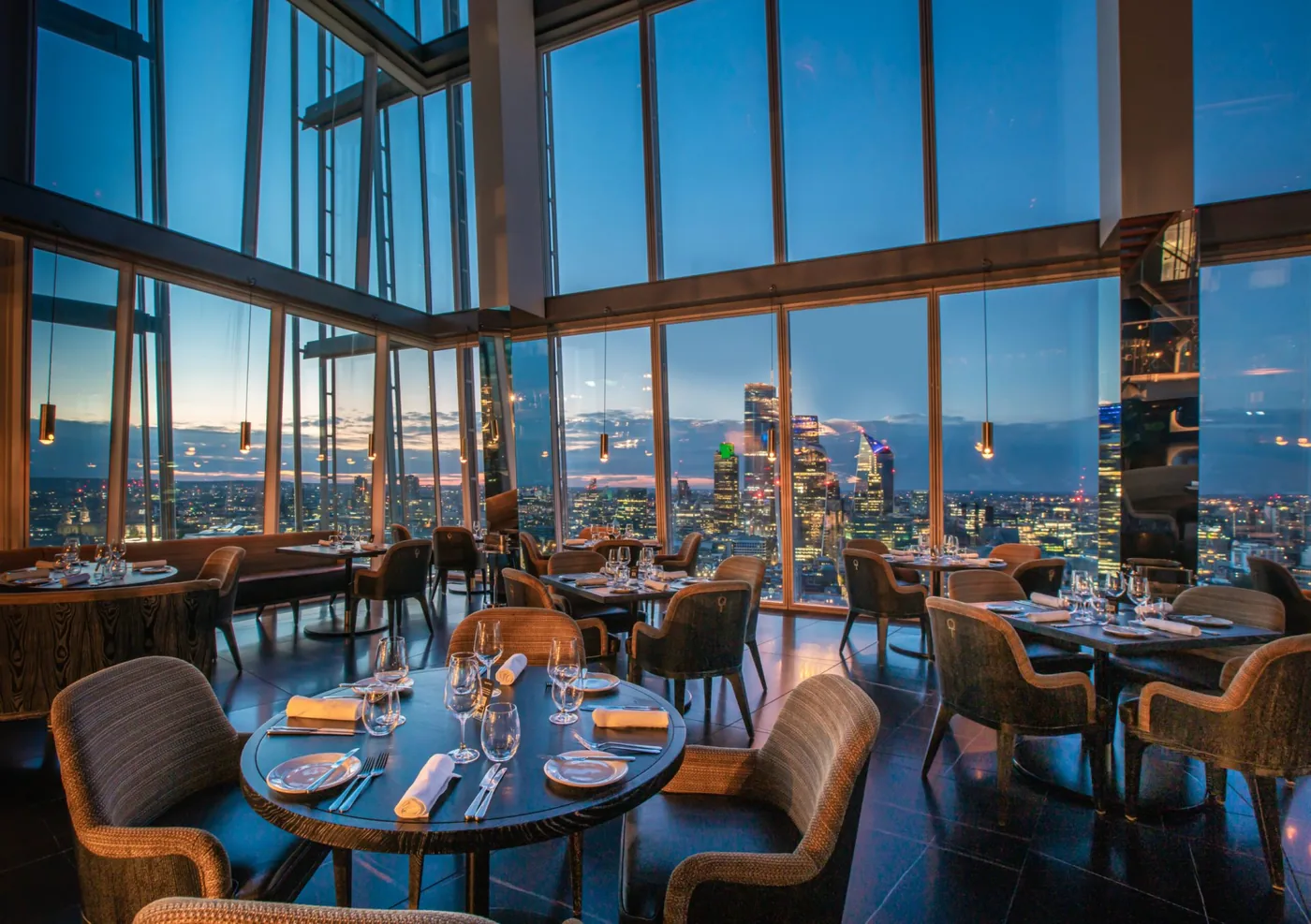 Aqua Shard - double height dining room blue hour