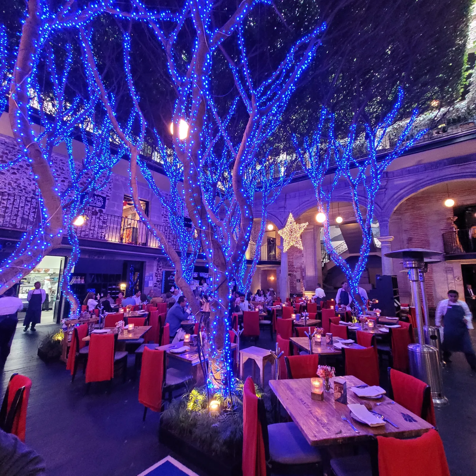 Azul Historico - courtyard blue lit trees night