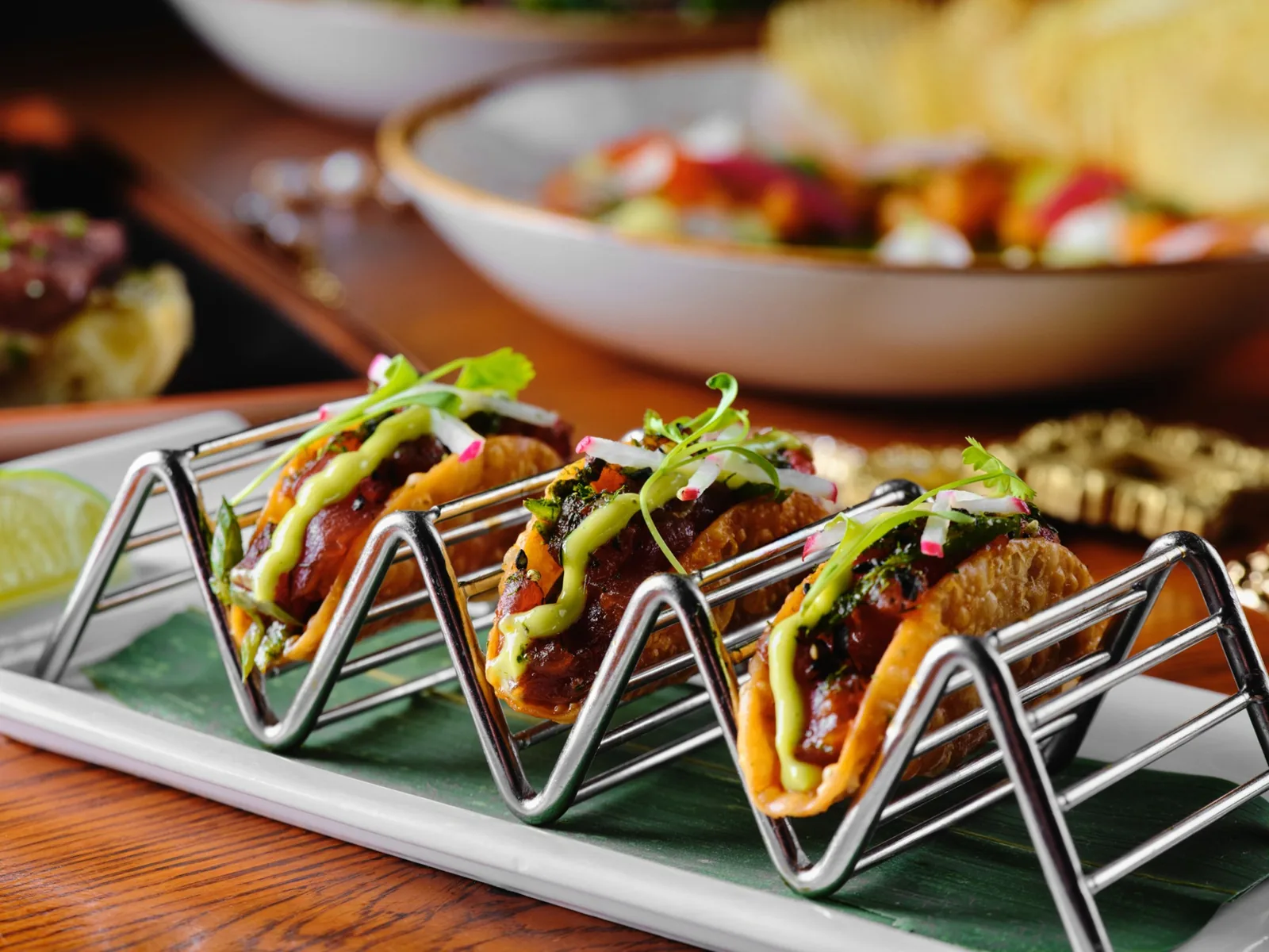 Beauty & Essex at Cosmopolitan - tuna poke wonton tacos