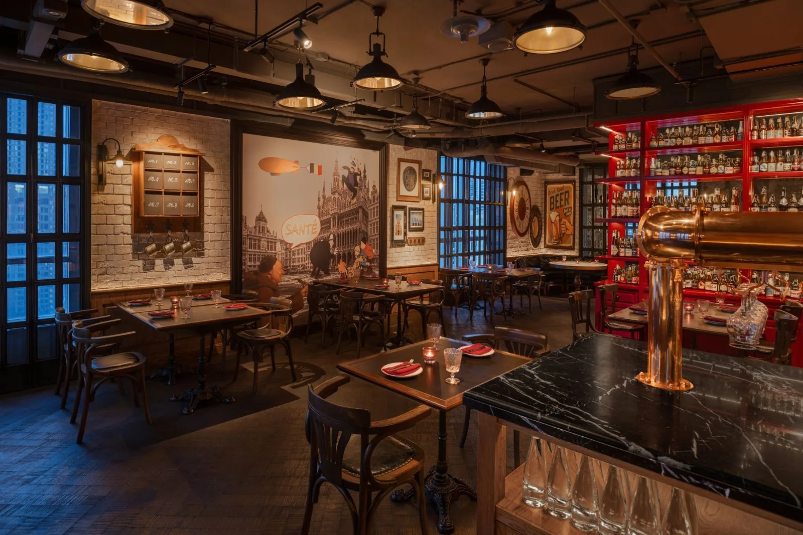 Belga Rooftop Bar & Brasserie - brick brasserie copper beer tap