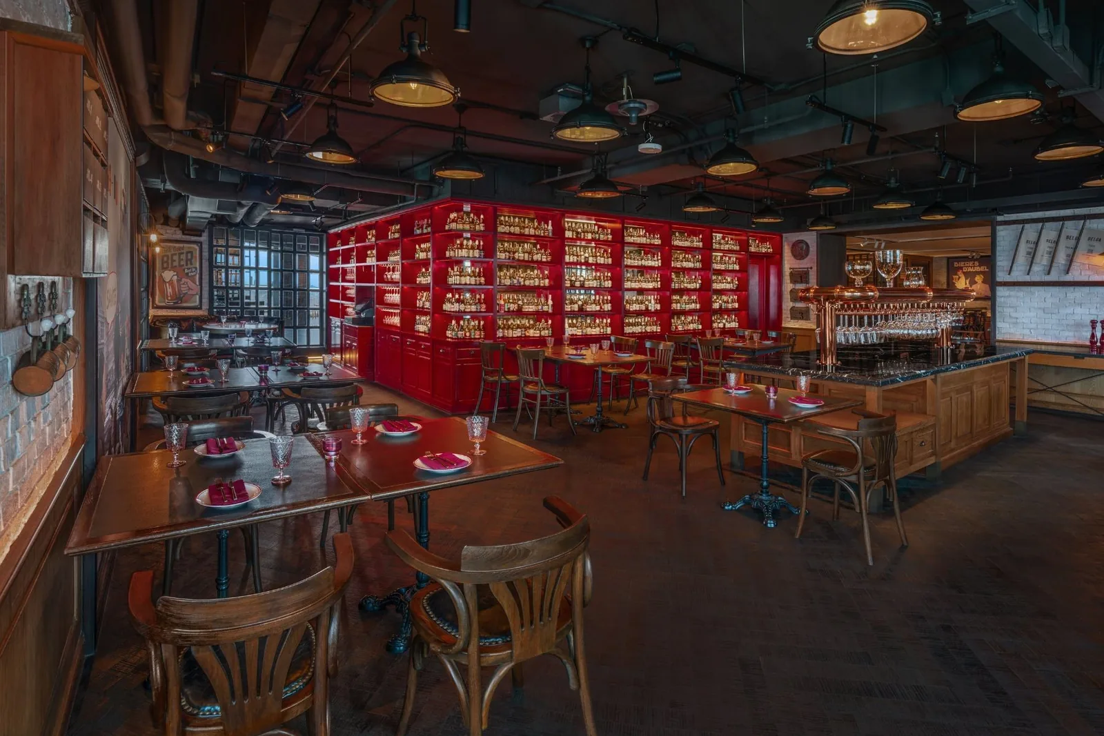 Belga Rooftop Bar & Brasserie - red shelf dining room