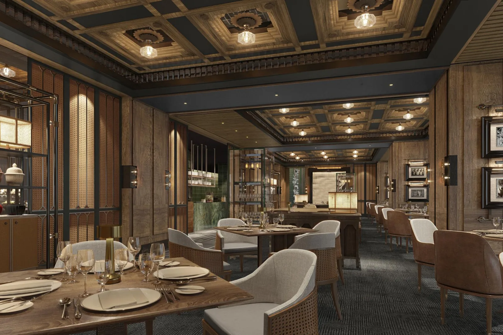 Cannubi by Umberto Bombana - interior main dining room framed art wine display banquette seating landscape