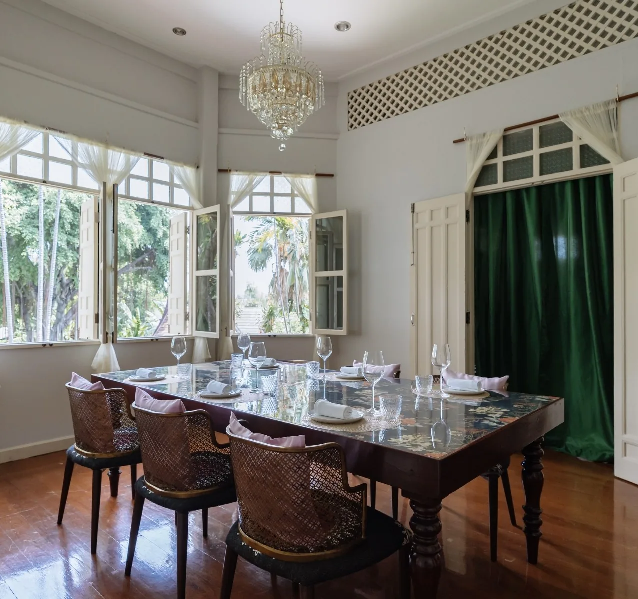 Chim by Siam Wisdom - add bright private dining room crystal chandelier garden windows green curtain