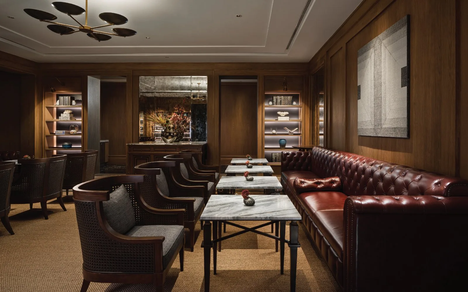 Côte by Mauro Colagreco - add wood panelled lounge library leather chesterfield marble tables
