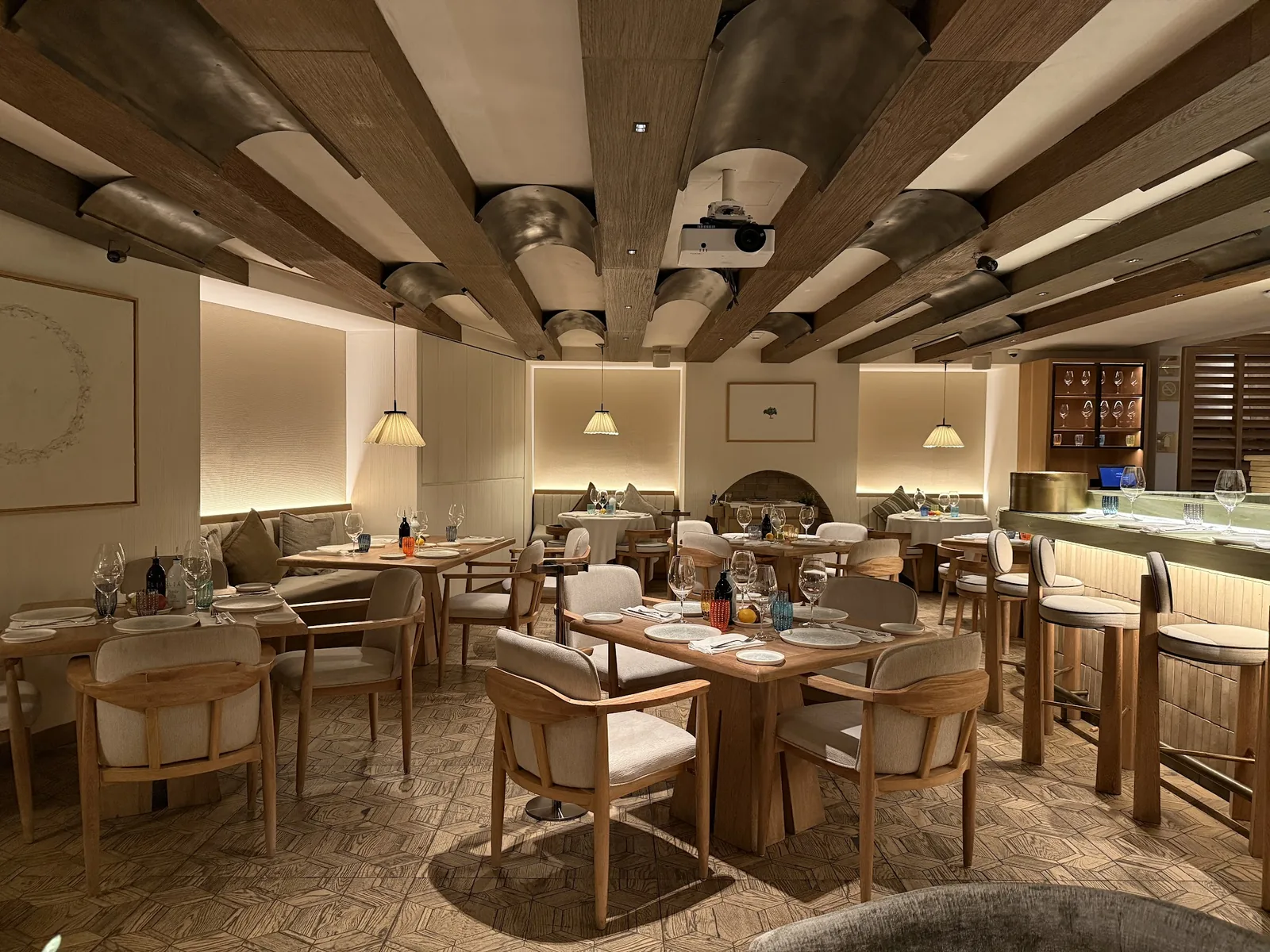 Elia Estiatorio - dining room with slatted timber ceiling
