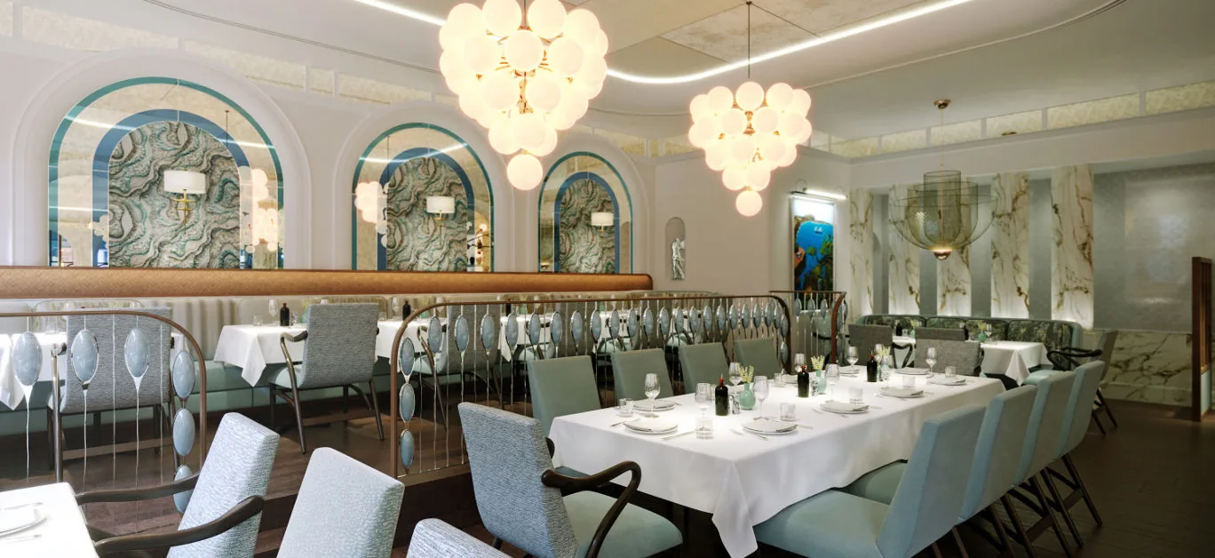 Gaia Mayfair - dining room blue panels