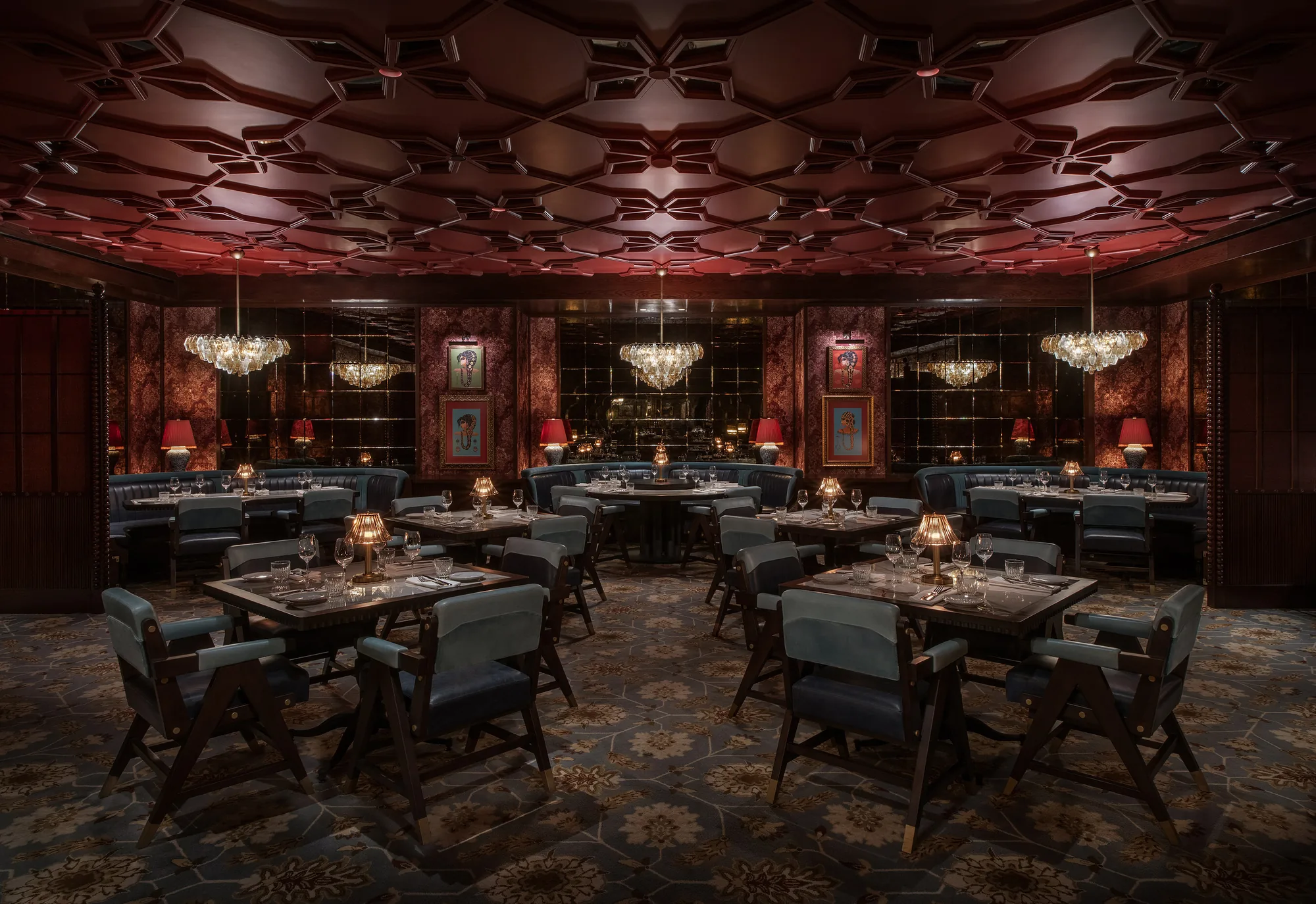 Gymkhana at Aria - dining room red lattice ceiling