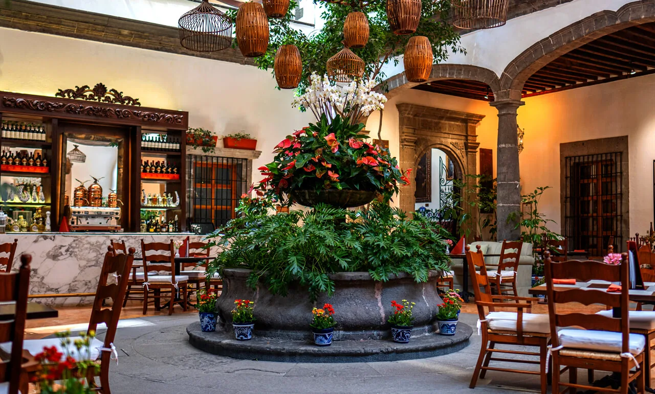 Hacienda de los Morales - arched lobby with flowers