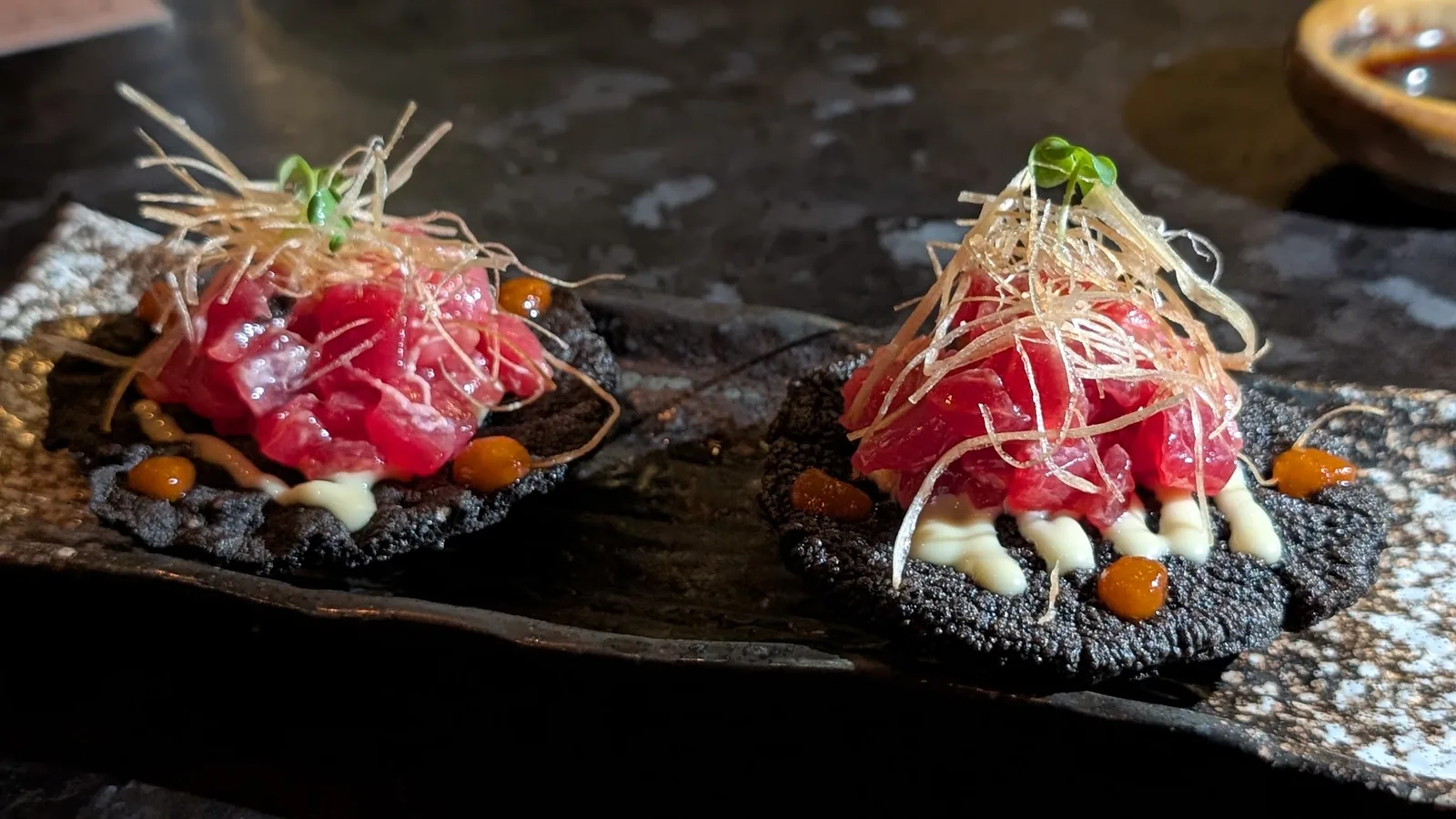 Hotaru Arcos - tuna tostadas on squid ink tostada