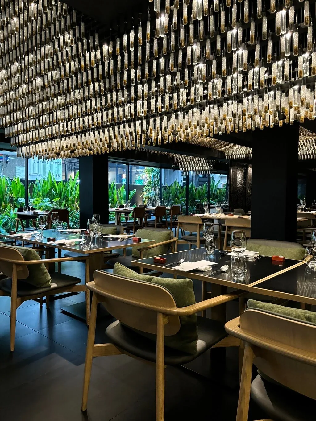Le Du - add bright dining room beaded ceiling greenery