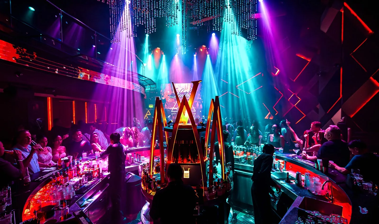 Levels Club & Lounge - add wide club interior central circular bar and illuminated sculptural centerpiece under an x shaped led backdrop with beam lighting and crystal chandeliers small venue logo cropped out