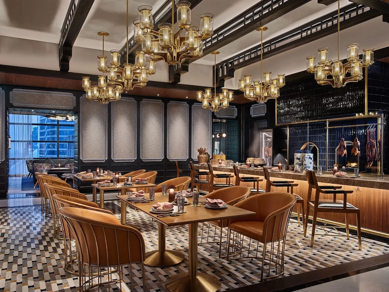 Nan Bei - second dining room chandeliers and checkerboard floor