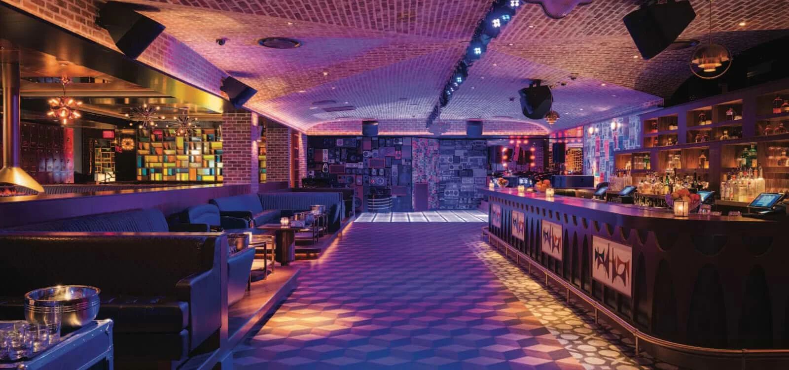 On The Record at Park MGM - on the record main room checkerboard floor and vinyl lined walls
