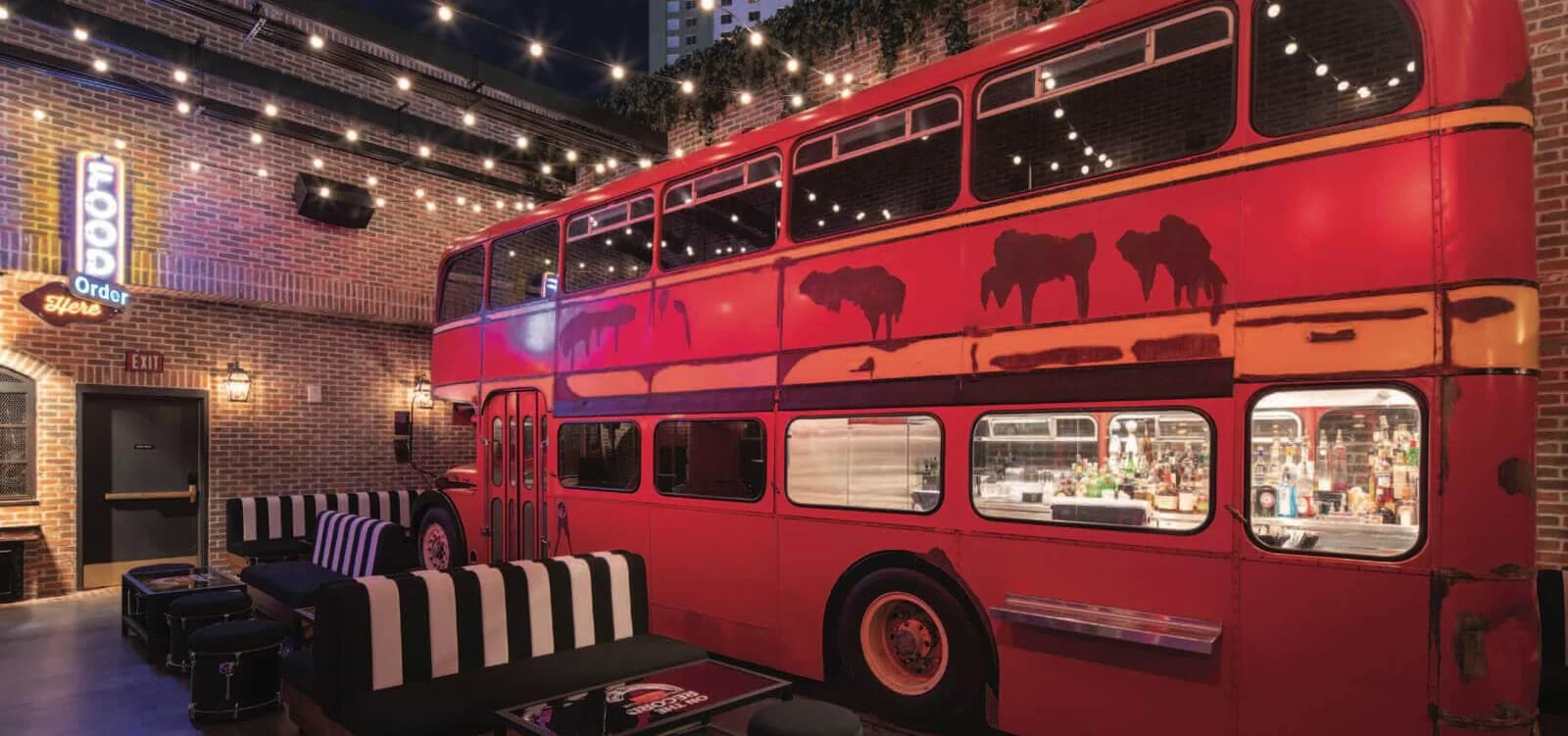 On The Record at Park MGM - the double-decker bus DJ booth on the patio