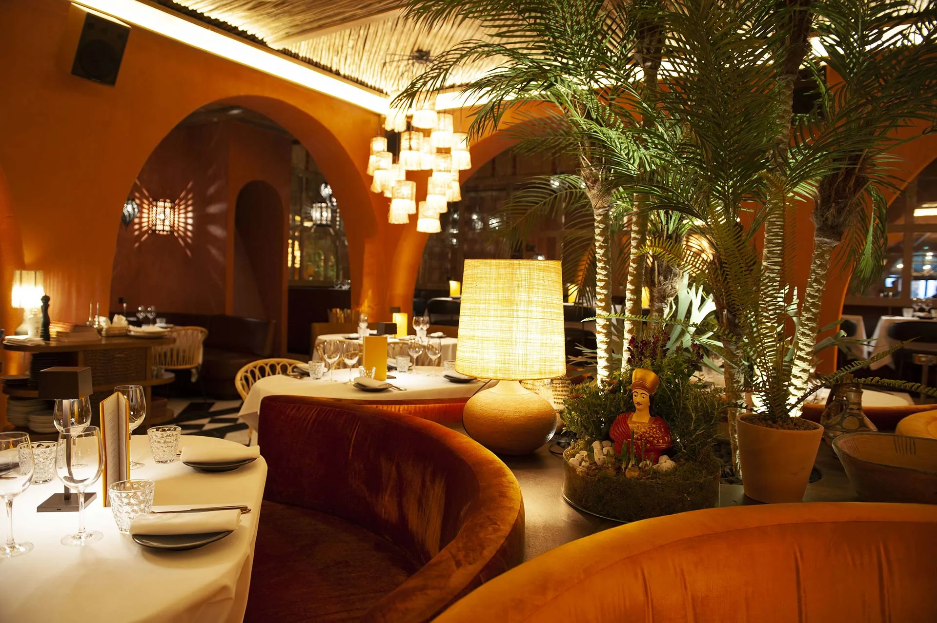 Salama - new cover moroccan arches velvet banquettes pendant lighting