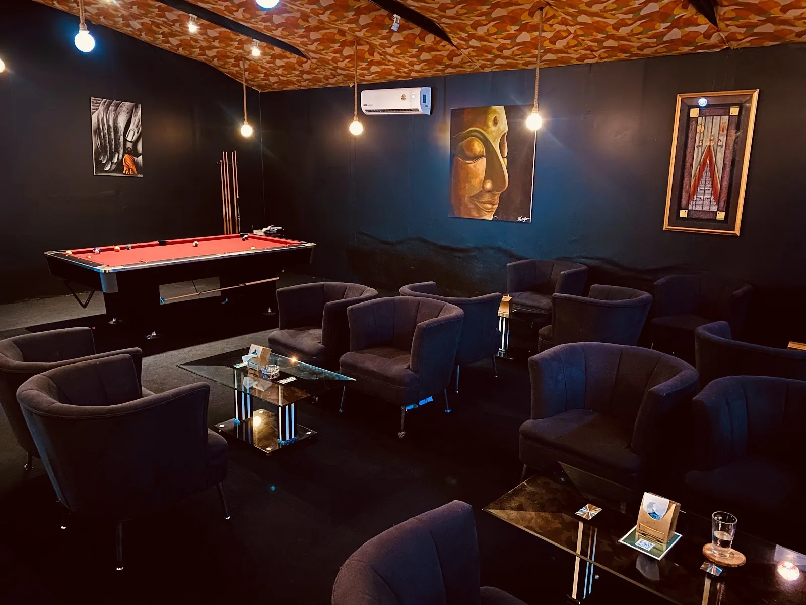 Salone di Vita - add billiards games lounge red felt pool table navy velvet tub chairs framed art warm pendants