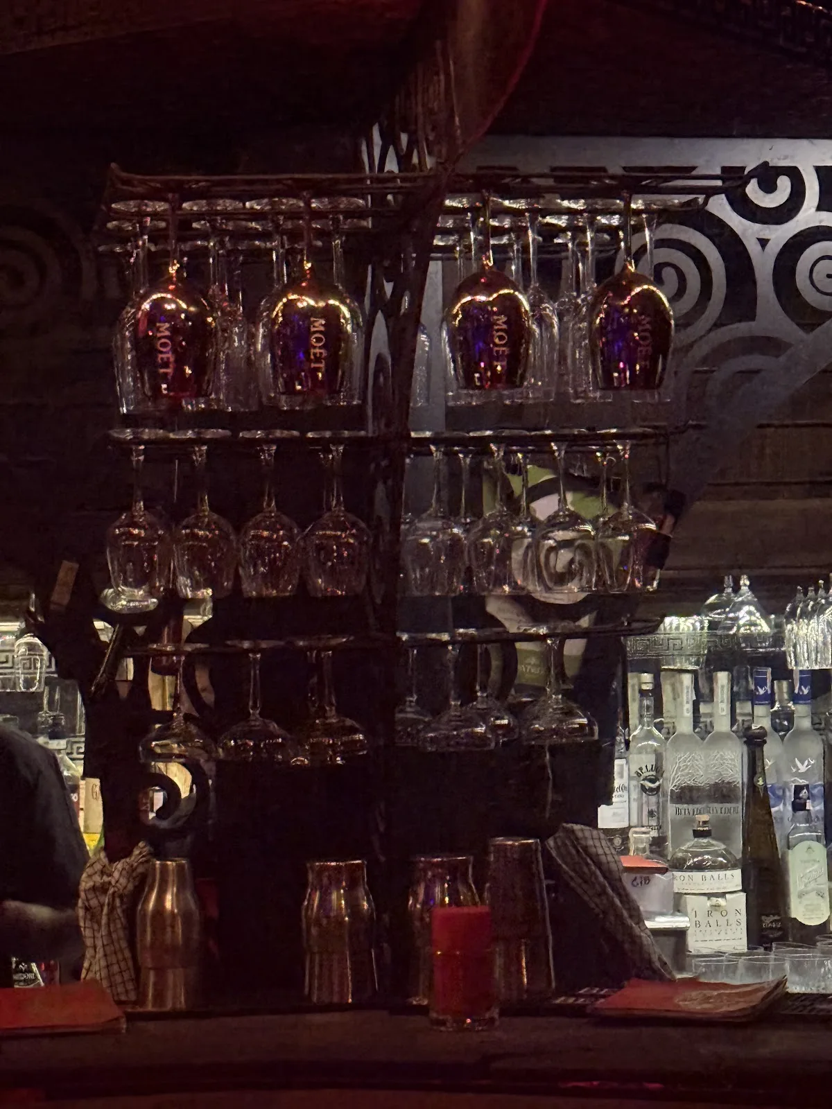 Sing Sing Theater - add ornate carved wood back bar hanging glassware art deco