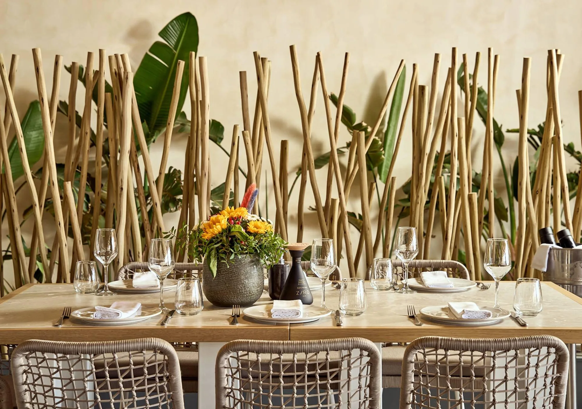 Super Paradise Beach Club - reed canopy dining table