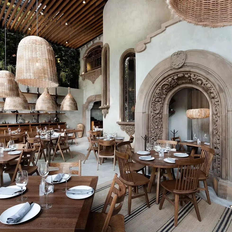 Taboo Polanco - dining room rattan pendants and set tables