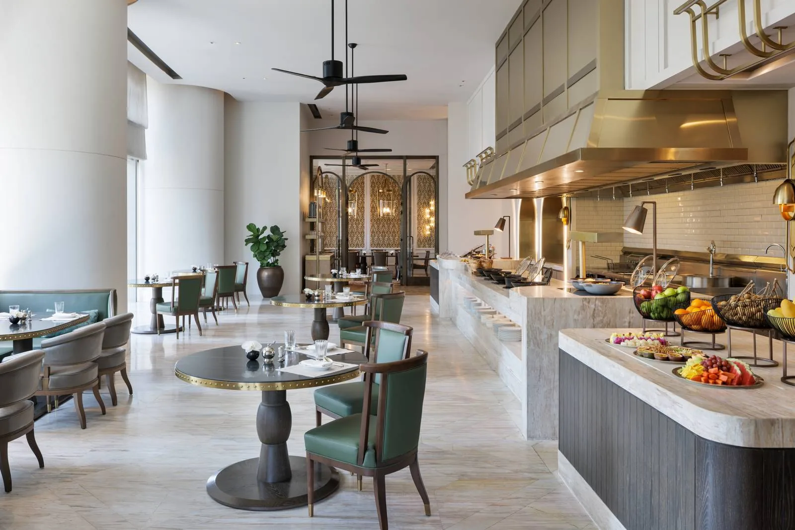 The Brasserie - add dining room teal chairs pedestal table buffet island open kitchen