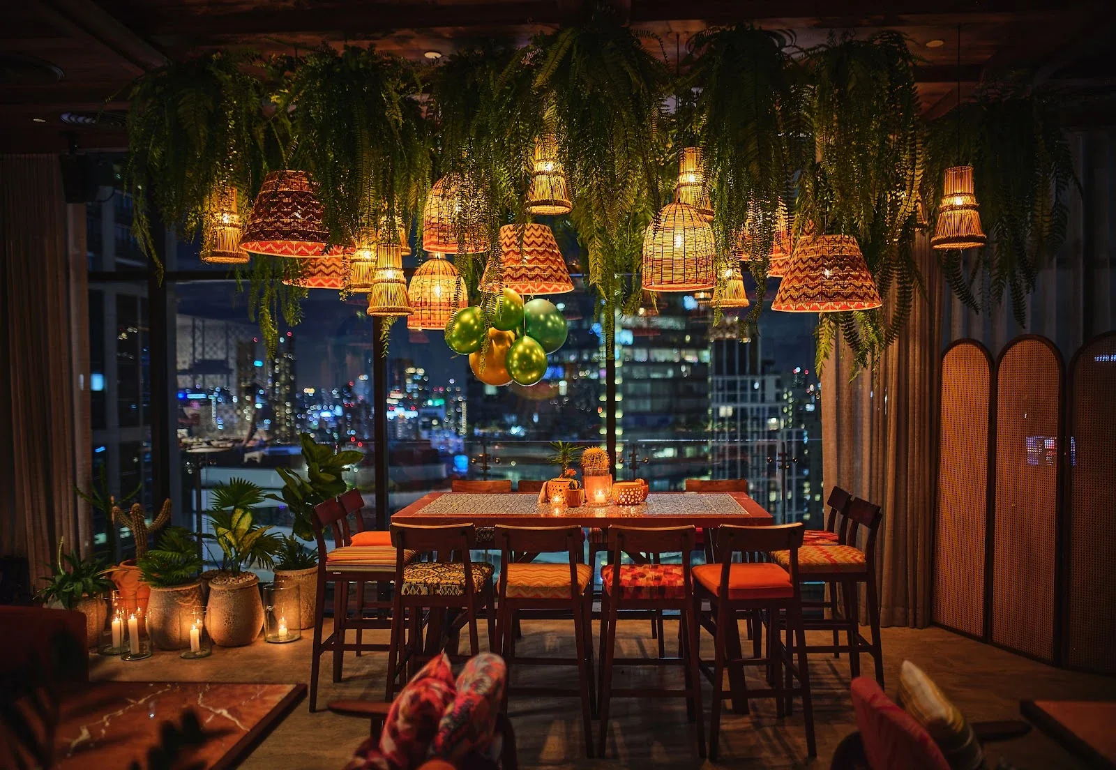 Tichuca Rooftop Bar - add jungle lounge nook rattan pendants night