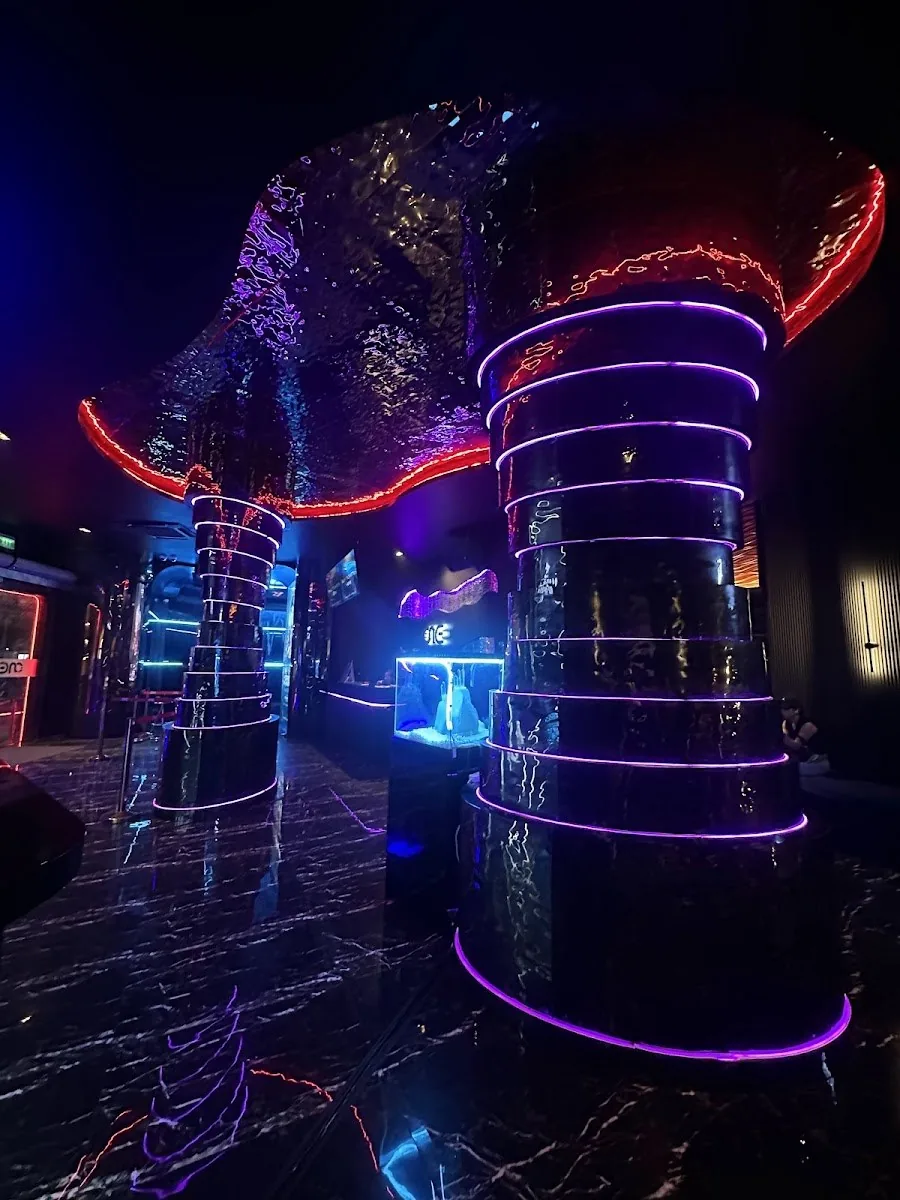 VOID Club - fix two illuminated cylindrical mesh bar structures with purple red neon rings on black marble signature void architecture no crowd